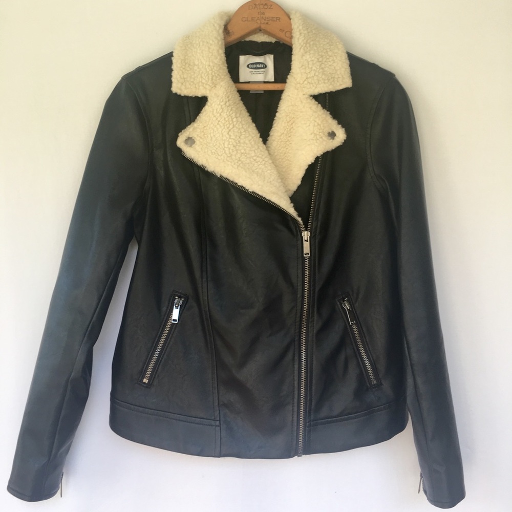 Vegan Leather Moto Jacket W/Sherpa Trim
